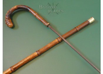 Antique Root-Ball Sword Cane Circa 1890. Diagonally Ridged Silver Collar #7