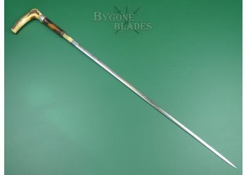 19th Century Antler Handle Sword Cane. Etched Double-Edged Blade #4