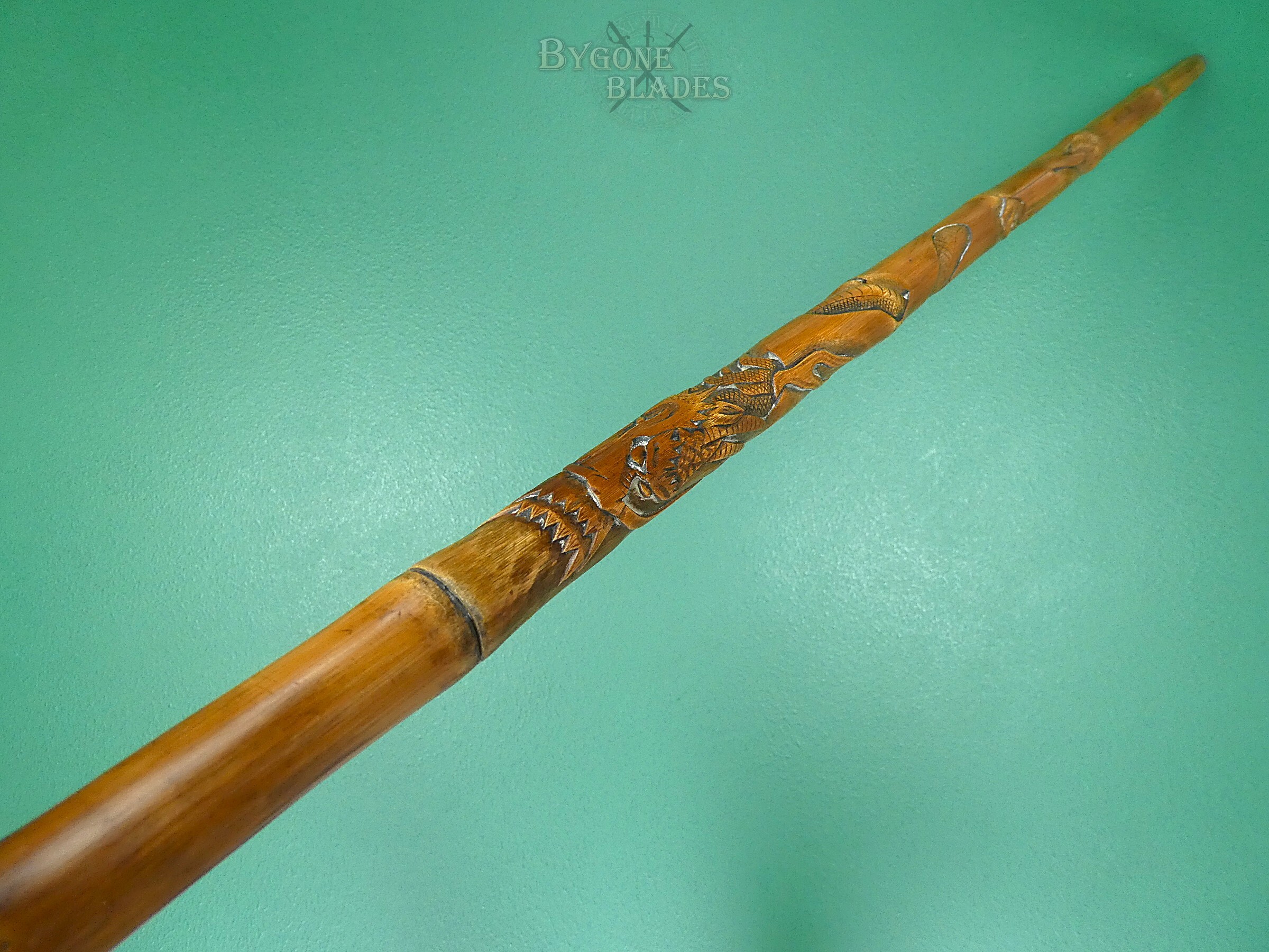 19th Century Carved Bamboo Sword Cane. Maker Signed. #2607011 #8